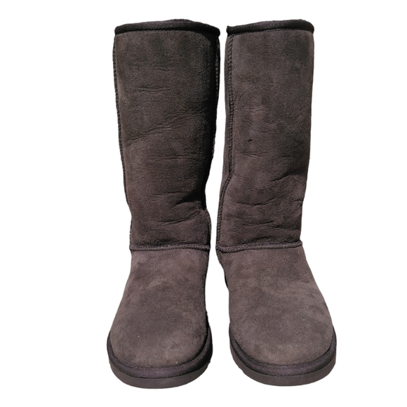 Ugg Australia Size 7 Classic Tall Brown Leather Suede Pull On Boots - Picture 3 of 15